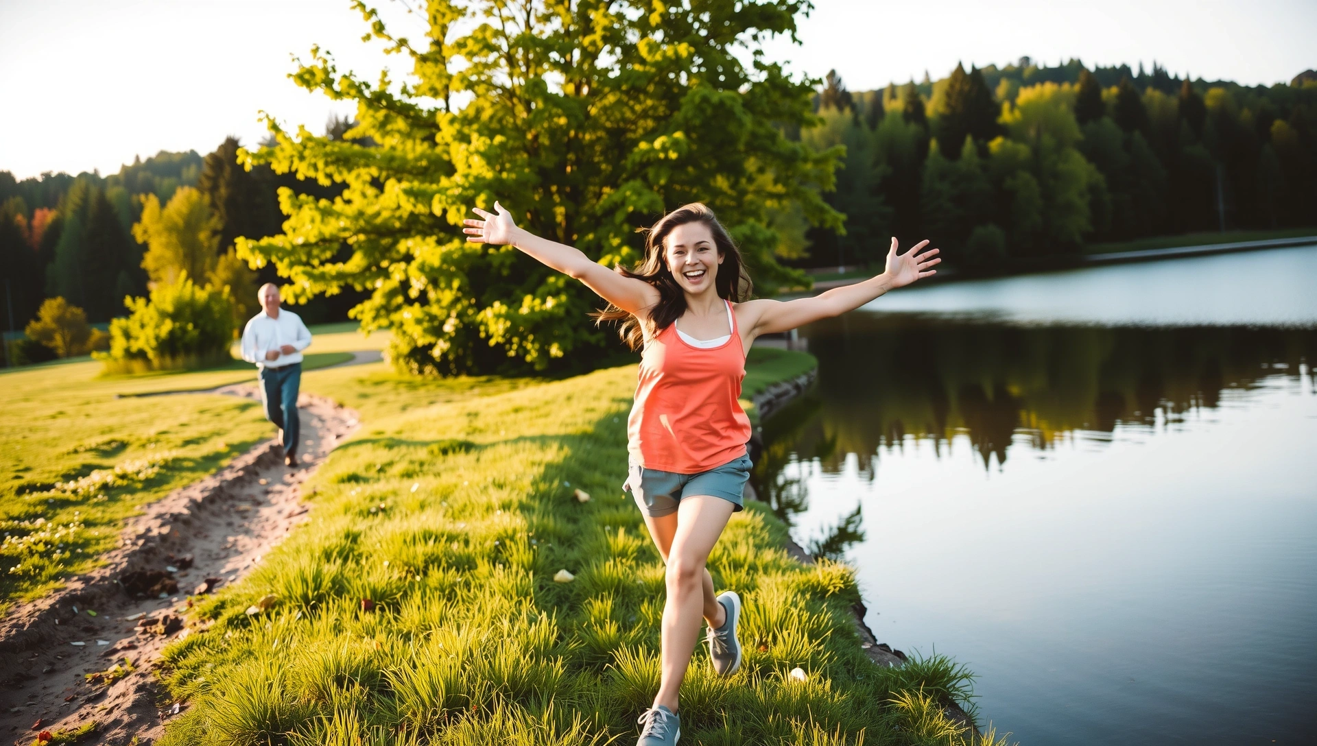 O persoană fericită și energică se bucură de natură, simbolizând sănătate și vitalitate.