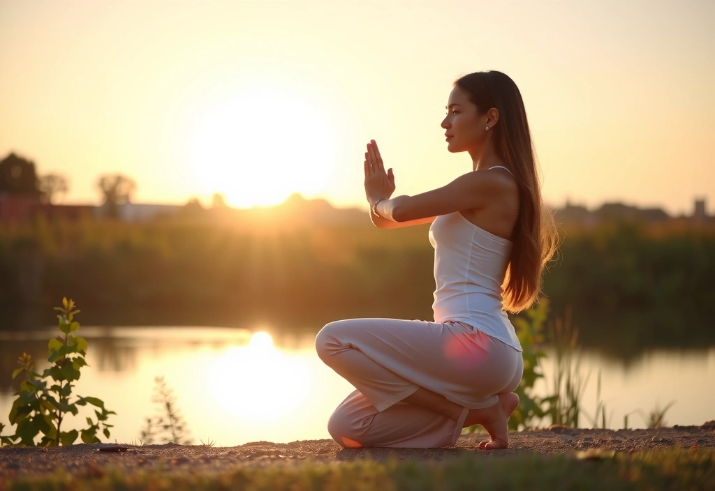 Femeie practicând yoga la răsărit