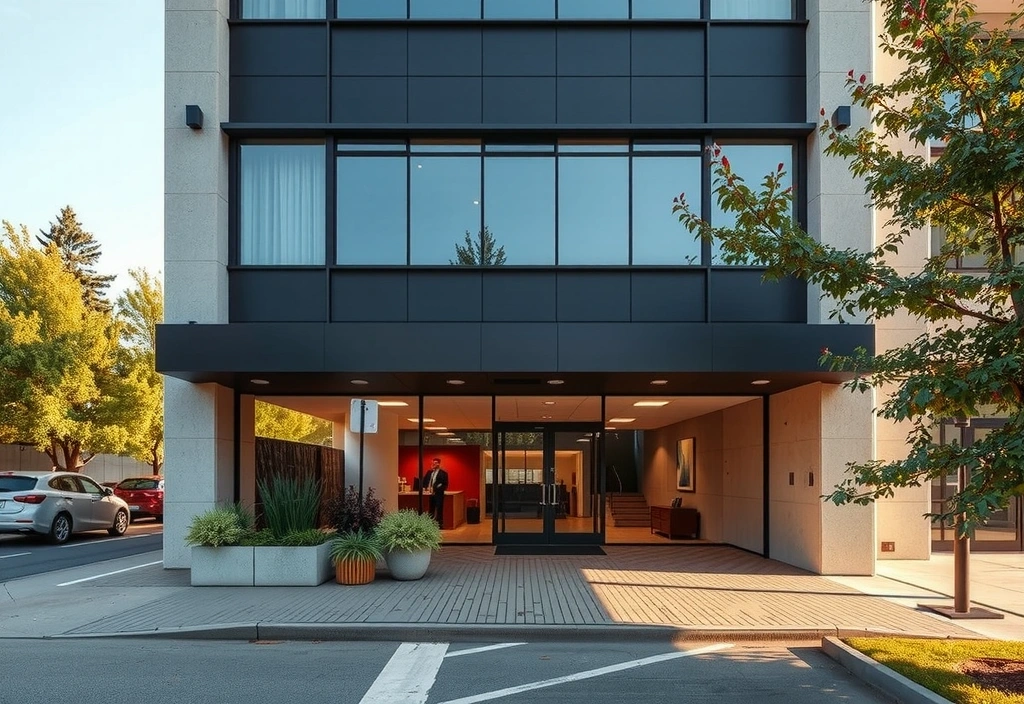 Imagine a unei clădiri moderne de birouri, sugerând un mediu profesional și primitor.