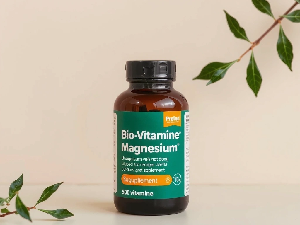 Recipient de Magneziu Biovitamineb, cu design minimalist și verde, pe un fundal natural.