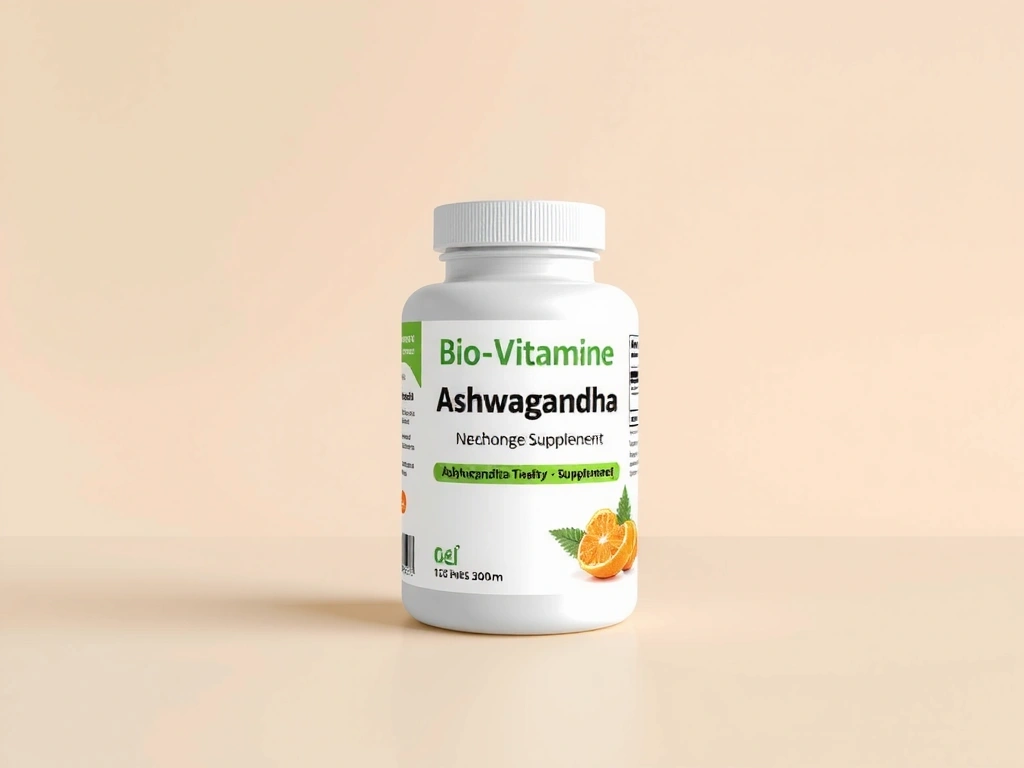 Recipient de Ashwagandha Biovitamineb, cu design curat și natural, pe un fundal calm.