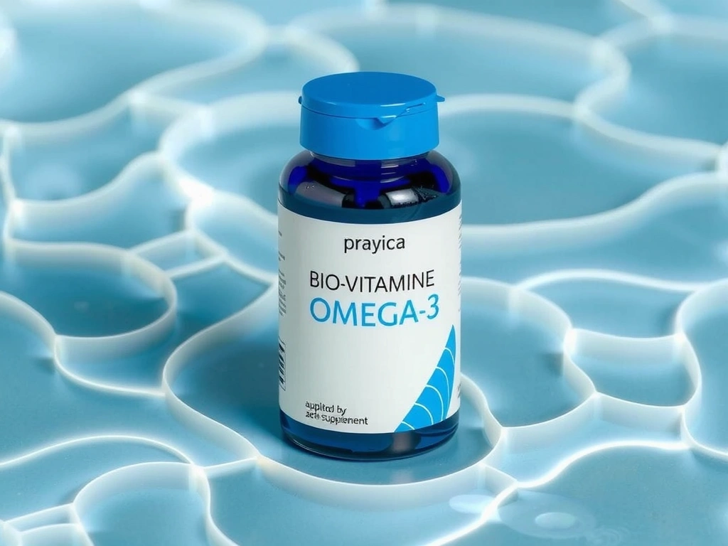 Recipient de Omega-3 Biovitamineb, cu design modern și albastru, pe un fundal acvatic.