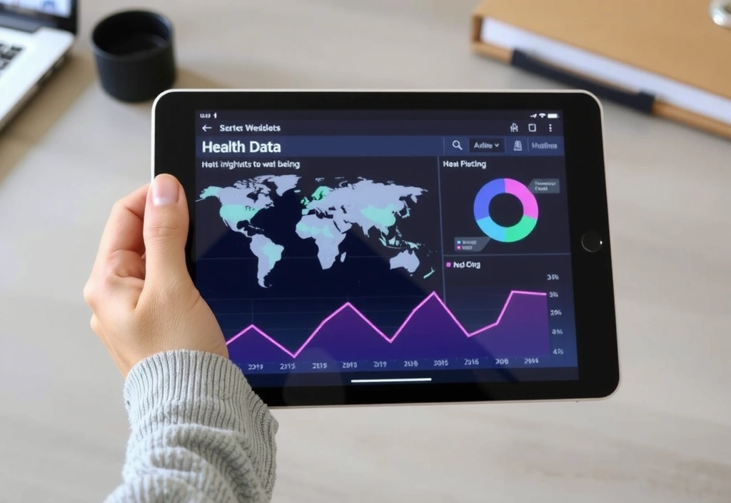 Mână care ține o tabletă cu grafice de sănătate, ilustrând date