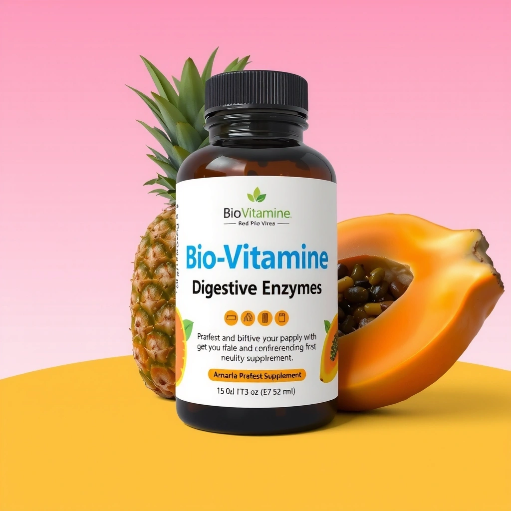 Imagine cu supliment de enzime digestive Biovitamineb, cu flori de ananas și papaya în fundal