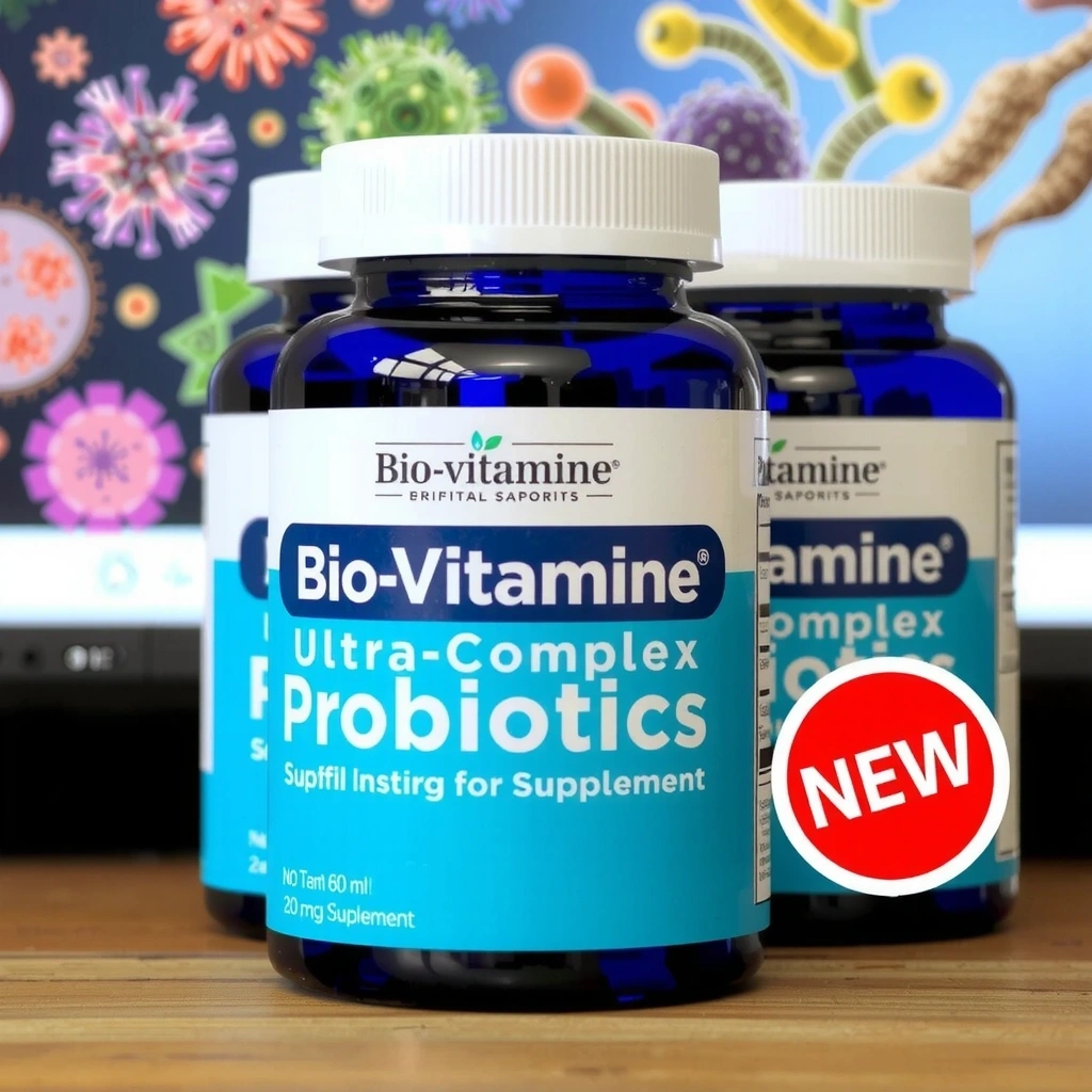 Imagine cu supliment de Probiotice Ultra-Complex Biovitamineb, cu ilustrații de bacterii benefice