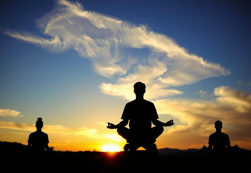 Oameni meditând într-un peisaj natural seren